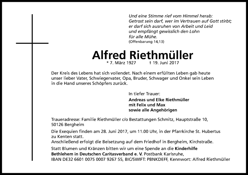  Traueranzeige für Alfred Riethmüller vom 24.06.2017 aus Kölner Stadt-Anzeiger / Kölnische Rundschau / Express