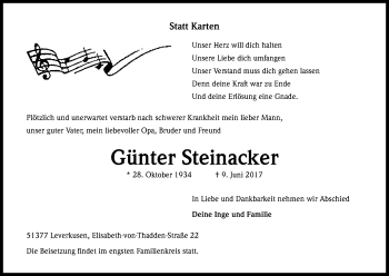 Anzeige von Günter Steinacker von Kölner Stadt-Anzeiger / Kölnische Rundschau / Express