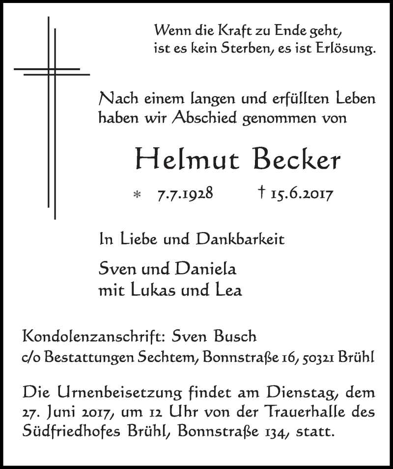  Traueranzeige für Helmut Becker vom 21.06.2017 aus  Schlossbote/Werbekurier 