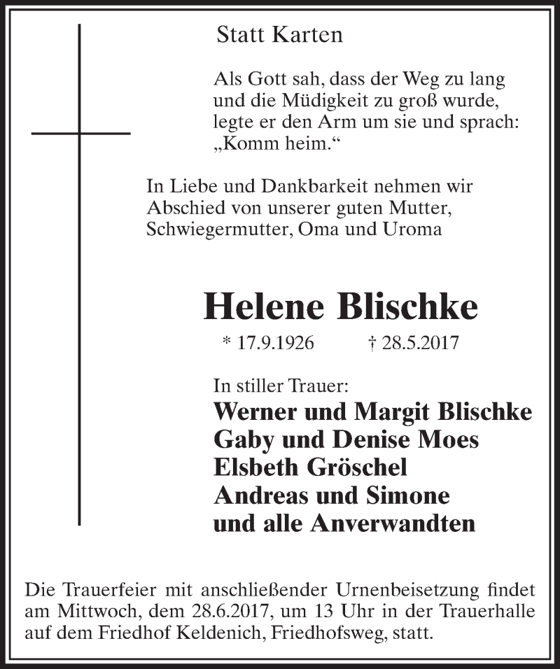  Traueranzeige für Helene Blischke vom 21.06.2017 aus  Schlossbote/Werbekurier 