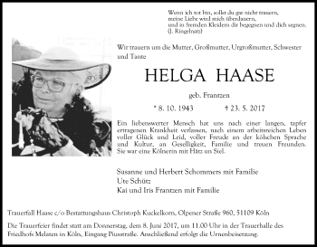 Anzeige von Helga Haase von Kölner Stadt-Anzeiger / Kölnische Rundschau / Express