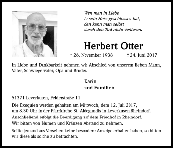 Anzeige von Herbert Otter von Kölner Stadt-Anzeiger / Kölnische Rundschau / Express
