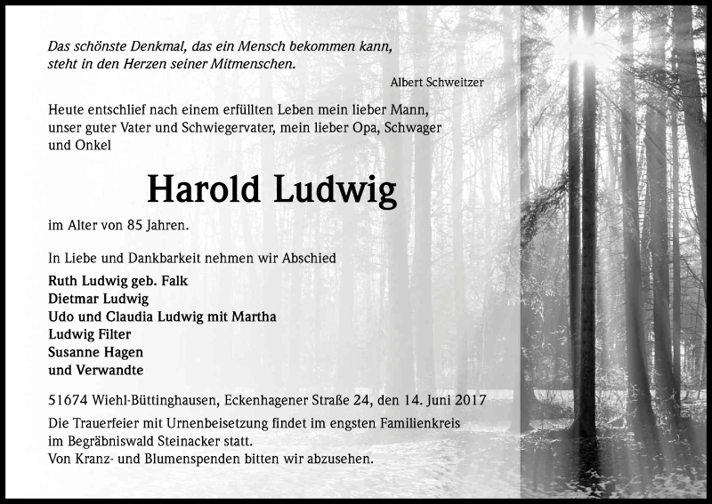  Traueranzeige für Harold Ludwig vom 20.06.2017 aus Kölner Stadt-Anzeiger / Kölnische Rundschau / Express