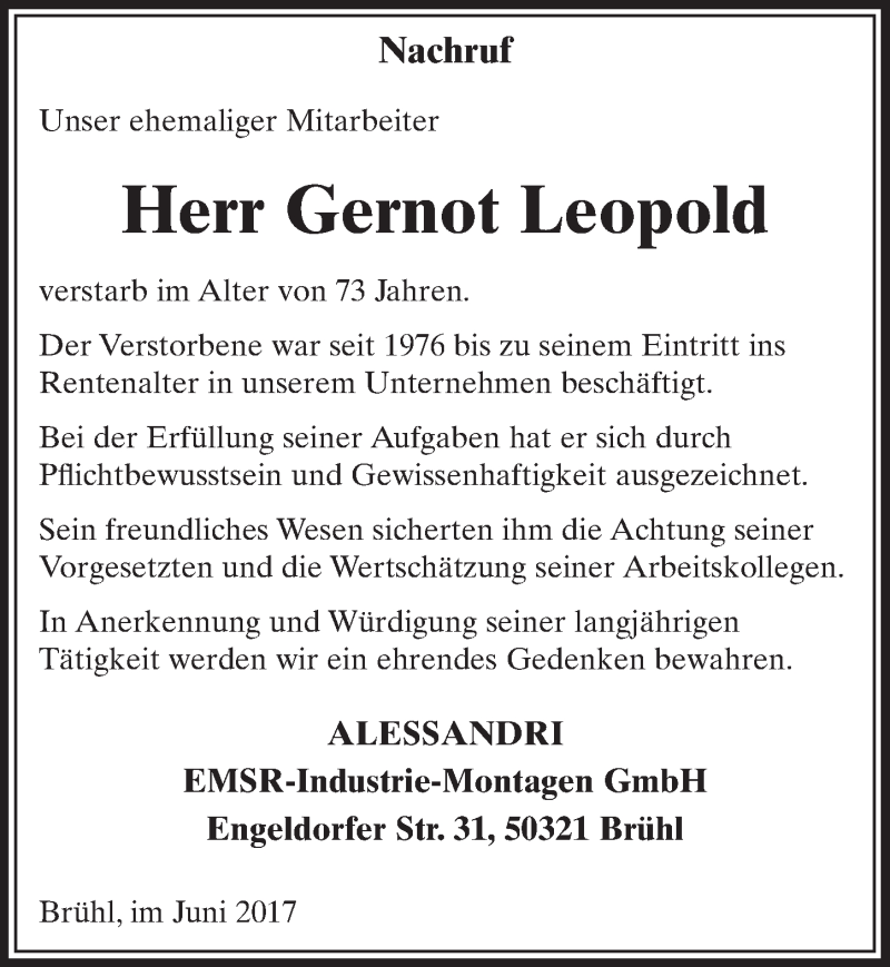  Traueranzeige für Gernot Leopold vom 28.06.2017 aus  Schlossbote/Werbekurier 