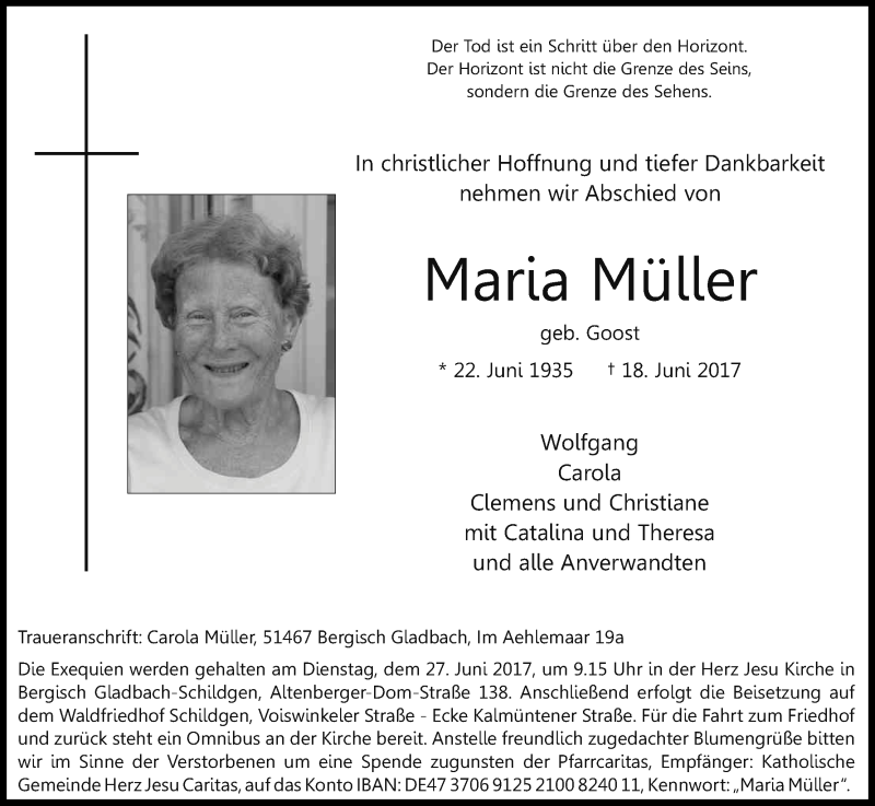 Traueranzeige für Maria Müller vom 22.06.2017 aus Kölner Stadt-Anzeiger / Kölnische Rundschau / Express