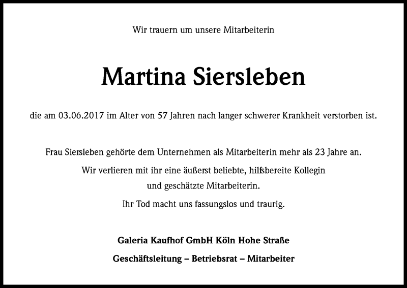  Traueranzeige für Martina Siersleben vom 24.06.2017 aus Kölner Stadt-Anzeiger / Kölnische Rundschau / Express
