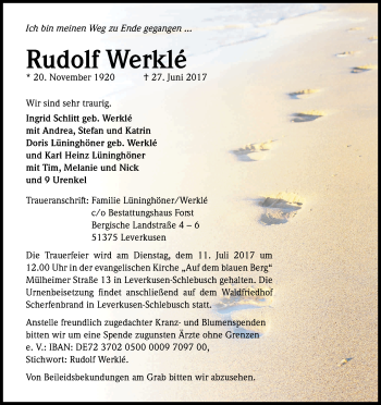 Anzeige von Rudolf Werkle von Kölner Stadt-Anzeiger / Kölnische Rundschau / Express