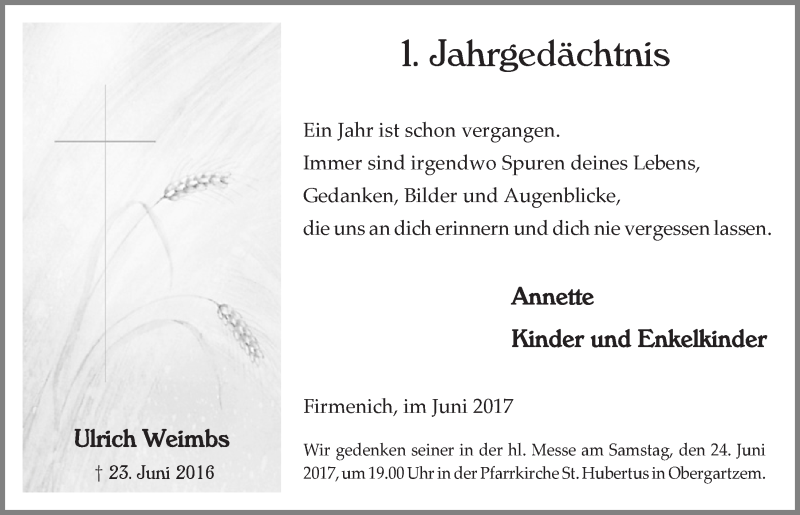  Traueranzeige für Ulrich Weimbs vom 17.06.2017 aus  Blickpunkt Euskirchen 