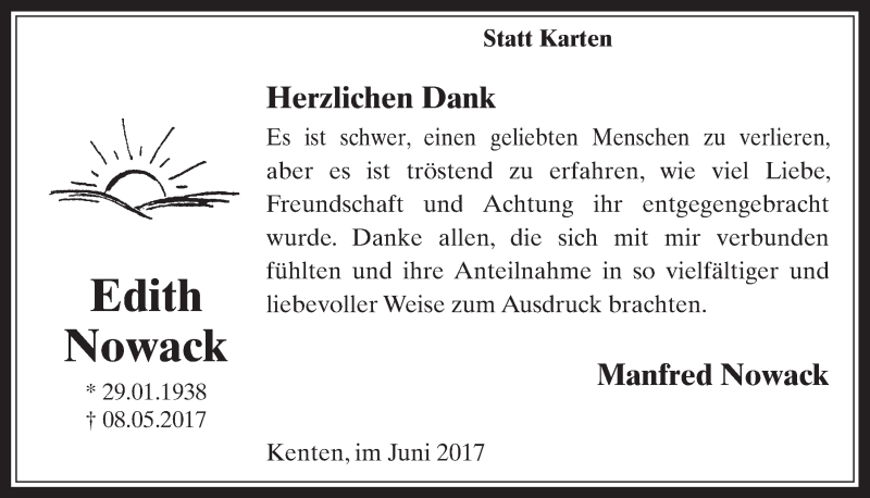  Traueranzeige für Edith Nowack vom 21.06.2017 aus  Werbepost 