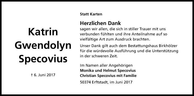  Traueranzeige für Katrin Gwendolyn Specovius vom 24.06.2017 aus Kölner Stadt-Anzeiger / Kölnische Rundschau / Express