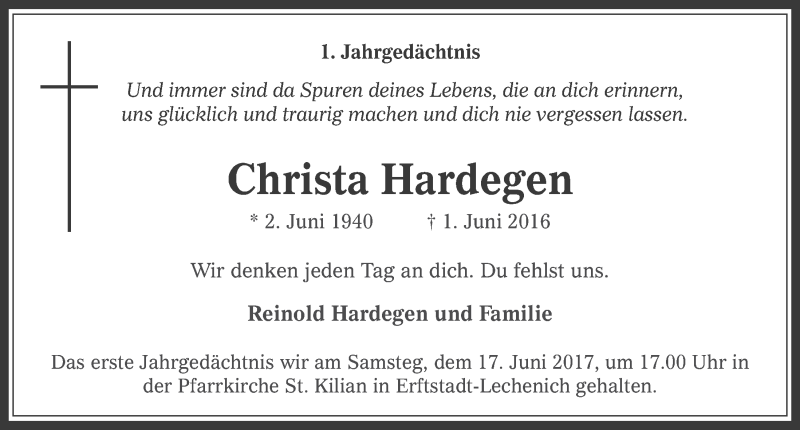  Traueranzeige für Christa Hardegen vom 07.06.2017 aus  Werbepost 