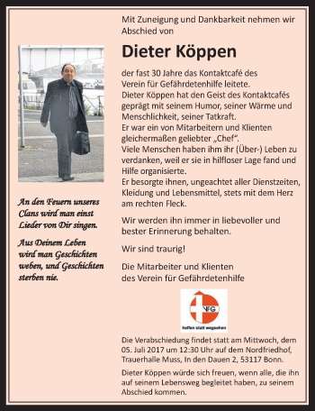 Anzeige von Dieter Köppen von  Schaufenster/Blickpunkt am Wochenende 