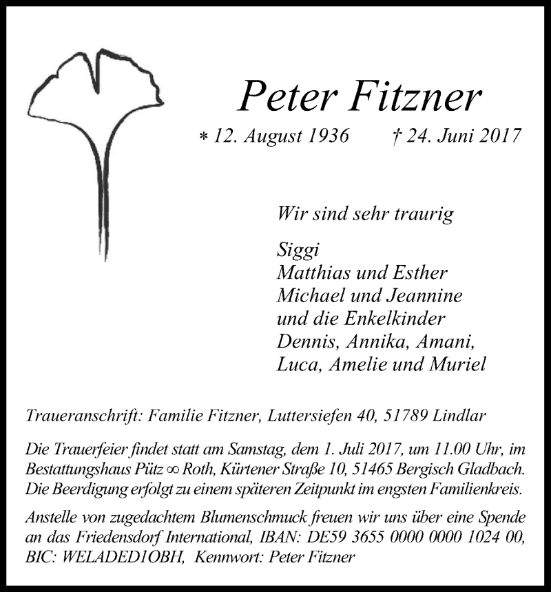  Traueranzeige für Peter Fitzner vom 27.06.2017 aus Kölner Stadt-Anzeiger / Kölnische Rundschau / Express