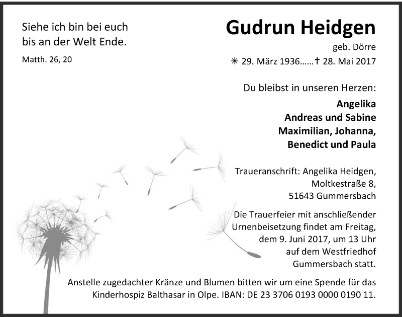  Traueranzeige für Gudrun Heidgen vom 07.06.2017 aus  Anzeigen Echo 