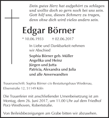 Anzeige von Edgar Börner von  Kölner Wochenspiegel 