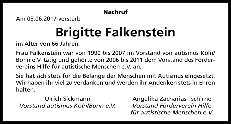  Traueranzeige für Brigitte Falkenstein vom 24.06.2017 aus Kölner Stadt-Anzeiger / Kölnische Rundschau / Express