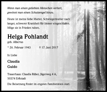 Anzeige von Helga Pohlandt von Kölner Stadt-Anzeiger / Kölnische Rundschau / Express