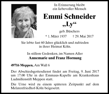 Anzeige von Emmi Schneider von Kölner Stadt-Anzeiger / Kölnische Rundschau / Express