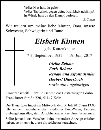 Anzeige von Elsbeth Kinnen von Kölner Stadt-Anzeiger / Kölnische Rundschau / Express