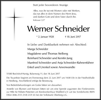 Anzeige von Werner Schneider von Kölner Stadt-Anzeiger / Kölnische Rundschau / Express