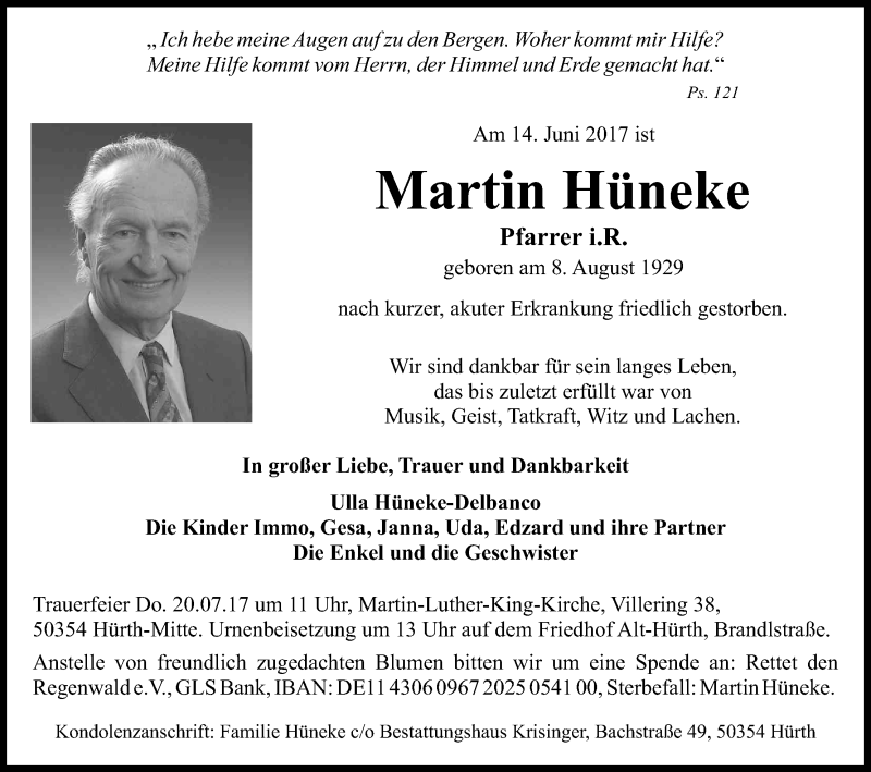  Traueranzeige für Martin Hüneke vom 01.07.2017 aus Kölner Stadt-Anzeiger / Kölnische Rundschau / Express