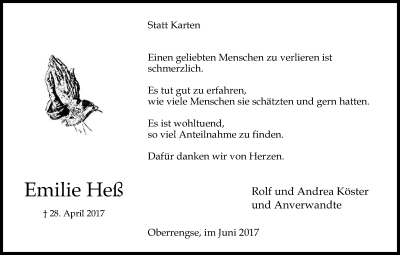  Traueranzeige für Emilie Heß vom 14.06.2017 aus Kölner Stadt-Anzeiger / Kölnische Rundschau / Express