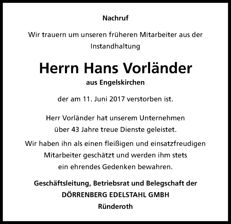 Traueranzeige für Hans Vorländer vom 21.06.2017 aus Kölner Stadt-Anzeiger / Kölnische Rundschau / Express