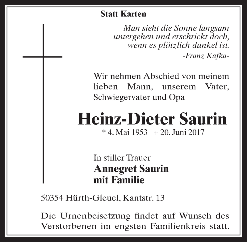  Traueranzeige für Heinz-Dieter Saurin vom 28.06.2017 aus  Wochenende 