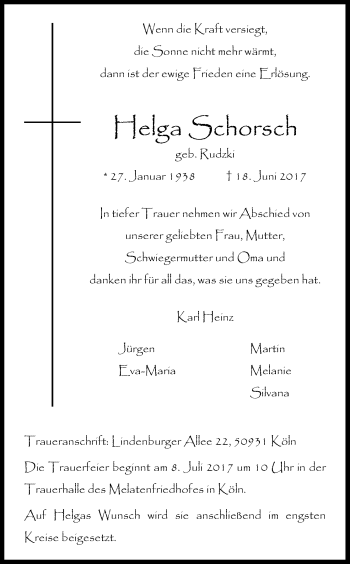 Anzeige von Helga Schorsch von Kölner Stadt-Anzeiger / Kölnische Rundschau / Express