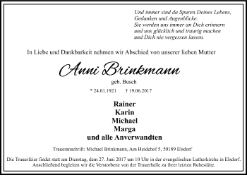 Anzeige von Anni Brinkmann von Kölner Stadt-Anzeiger / Kölnische Rundschau / Express