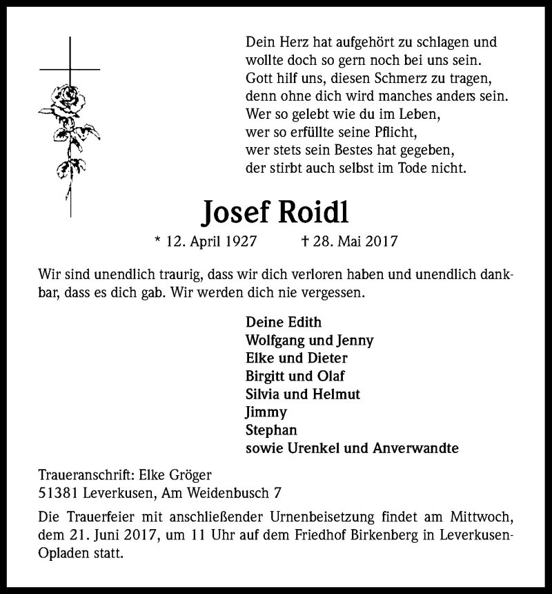  Traueranzeige für Josef Roidl vom 03.06.2017 aus Kölner Stadt-Anzeiger / Kölnische Rundschau / Express