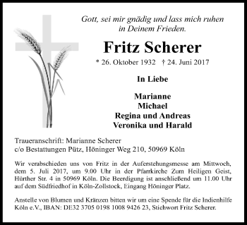 Anzeige von Fritz Scherer von Kölner Stadt-Anzeiger / Kölnische Rundschau / Express