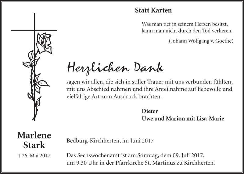  Traueranzeige für Marlene Stark vom 24.06.2017 aus  Sonntags-Post 