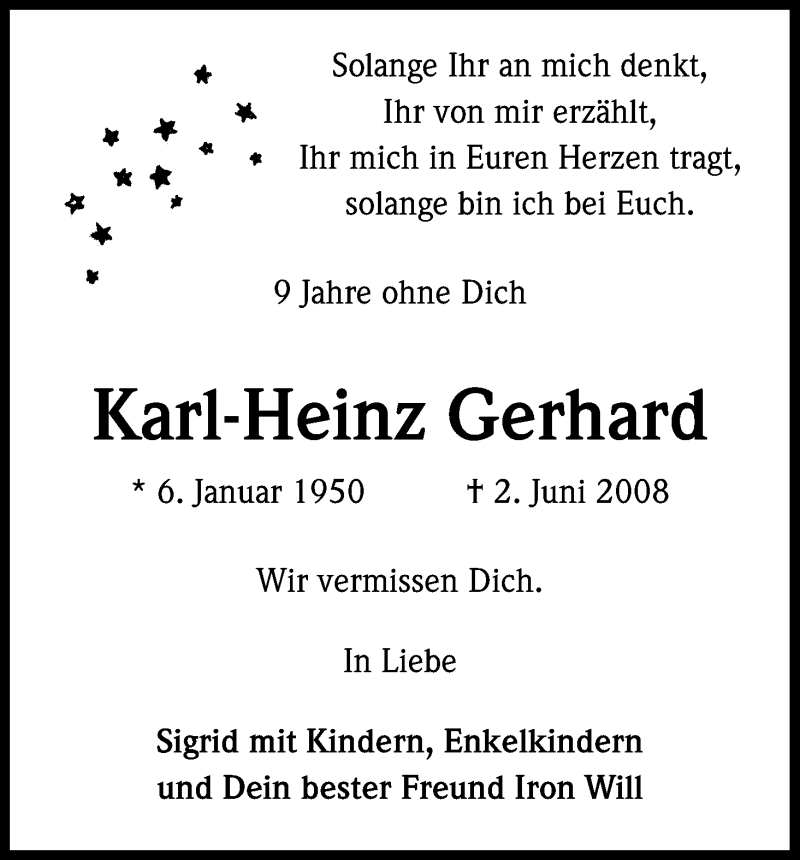  Traueranzeige für Karl-Heinz Gerhard vom 02.06.2017 aus Kölner Stadt-Anzeiger / Kölnische Rundschau / Express