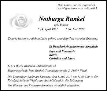 Anzeige von Notburga Runkel von Kölner Stadt-Anzeiger / Kölnische Rundschau / Express