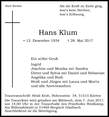 Anzeige von Hans Klum von Kölner Stadt-Anzeiger / Kölnische Rundschau / Express