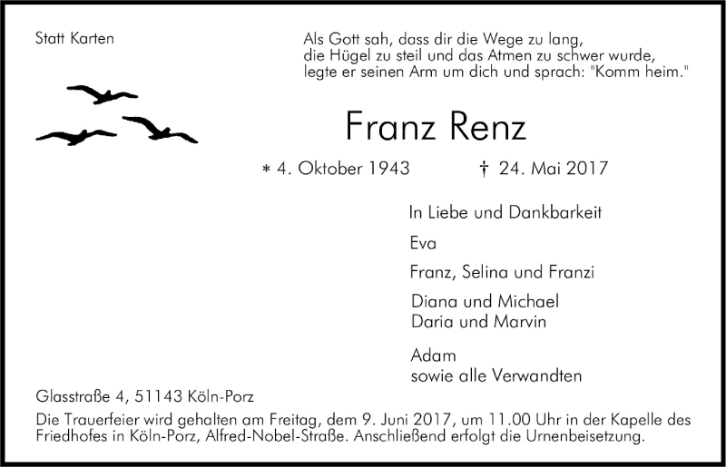  Traueranzeige für Franz Renz vom 07.06.2017 aus  Kölner Wochenspiegel 
