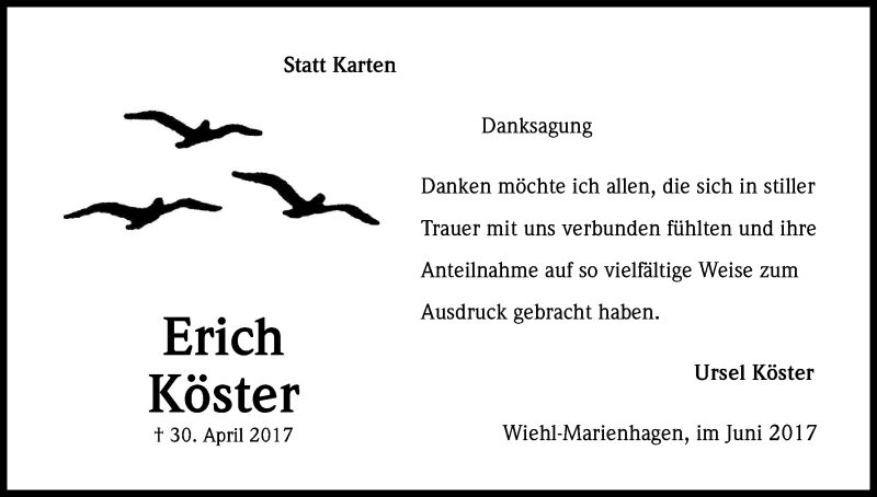  Traueranzeige für Erich Köster vom 24.06.2017 aus Kölner Stadt-Anzeiger / Kölnische Rundschau / Express