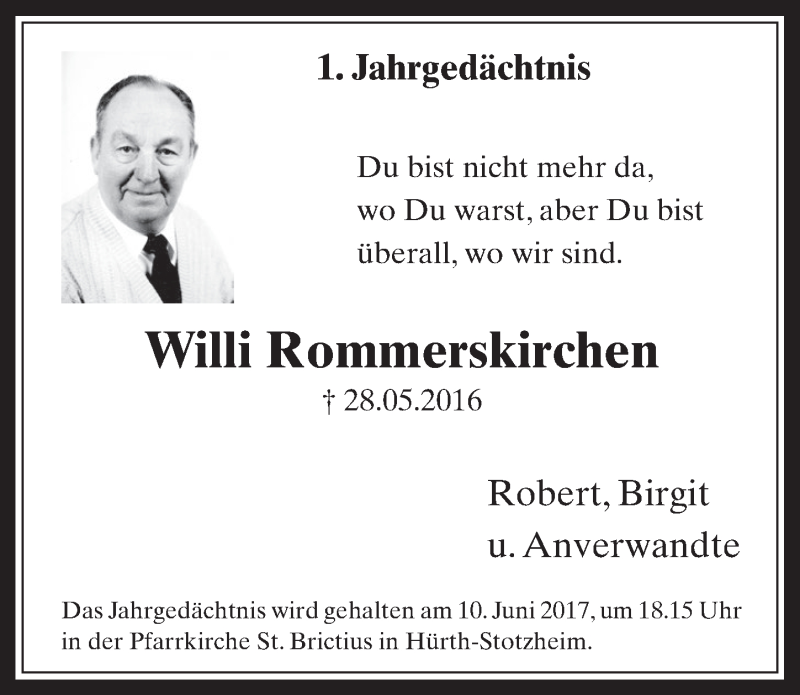  Traueranzeige für Willi Rommerskirchen vom 07.06.2017 aus  Wochenende 