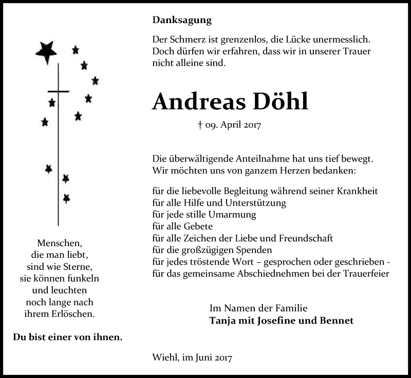  Traueranzeige für Andreas Döhl vom 24.06.2017 aus Kölner Stadt-Anzeiger / Kölnische Rundschau / Express