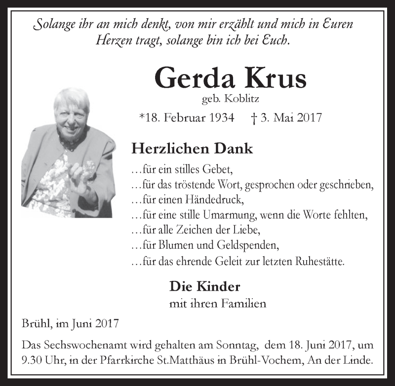  Traueranzeige für Gerda Krus vom 07.06.2017 aus  Schlossbote/Werbekurier 