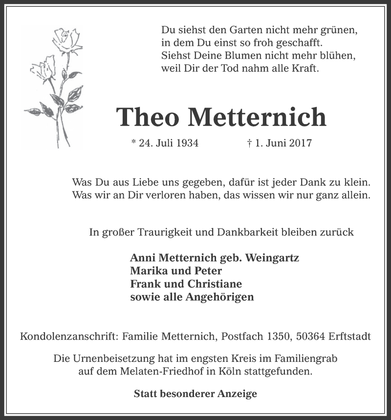 Traueranzeige für Theo Metternich vom 21.06.2017 aus  Kölner Wochenspiegel  Werbepost 