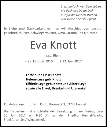 Anzeige von Eva Knott von Kölner Stadt-Anzeiger / Kölnische Rundschau / Express