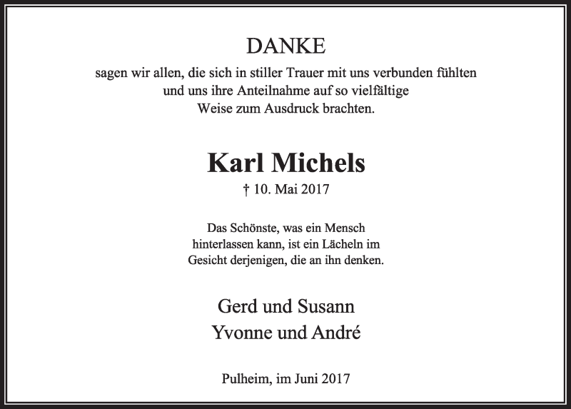  Traueranzeige für Karl Michels vom 24.06.2017 aus  Sonntags-Post 