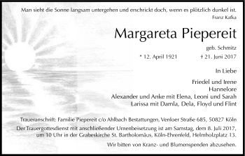 Anzeige von Margareta Piepereit von Kölner Stadt-Anzeiger / Kölnische Rundschau / Express