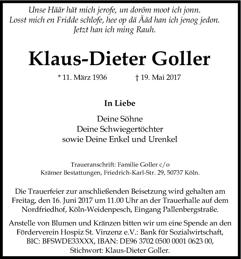  Traueranzeige für Klaus-Dieter Goller vom 10.06.2017 aus Kölner Stadt-Anzeiger / Kölnische Rundschau / Express
