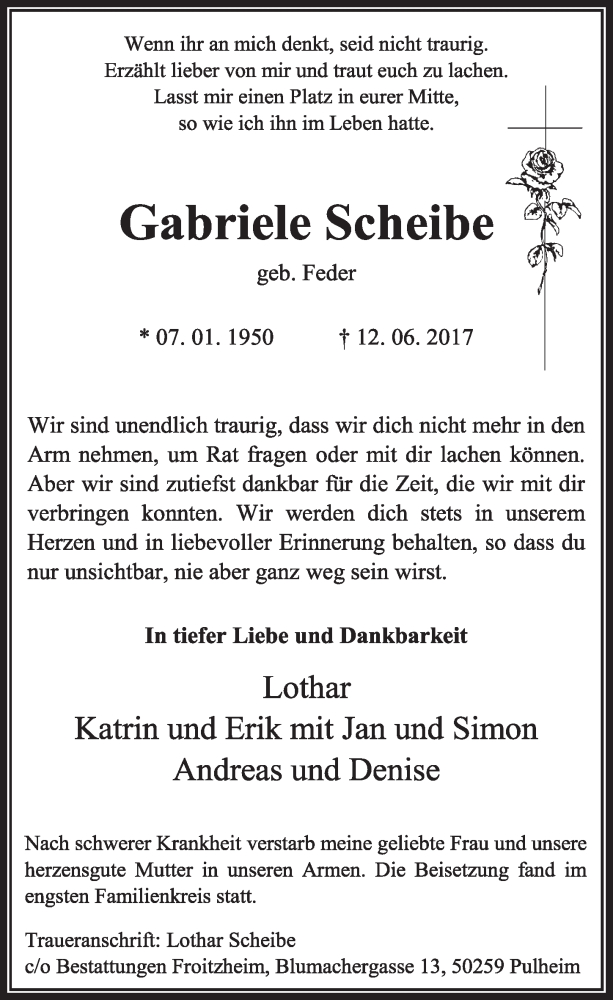  Traueranzeige für Gabriele Scheibe vom 01.07.2017 aus  Sonntags-Post 