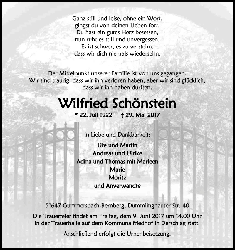  Traueranzeige für Wilfried Schönstein vom 03.06.2017 aus Kölner Stadt-Anzeiger / Kölnische Rundschau / Express