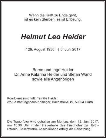 Anzeige von Helmut Leo Heider von  Sonntags-Post 