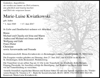 Anzeige von Marie-Luise Kwiatkowski von Kölner Stadt-Anzeiger / Kölnische Rundschau / Express